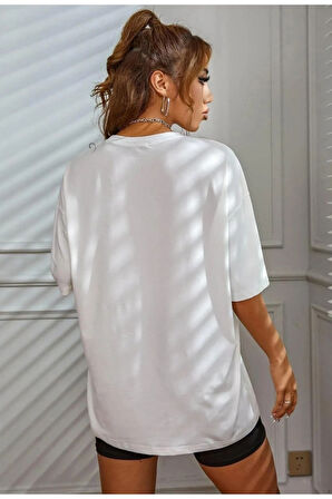 MoonLife Kadın Kırmızı Yüz Baskı Detaylı Oversize T-shirt kırmızırenklileryüzdetaylı