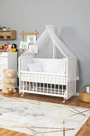 Ahşap Beşik Anne Yanı Beşik Sallanır Beşik Beyaz 60x120 Beyaz Güpür Uyku Seti Yatak Tekerlekli