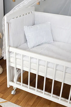 Ahşap Beşik Anne Yanı Beşik Sallanır Beşik Beyaz 60x120 Beyaz Güpür Uyku Seti Yatak Tekerlekli