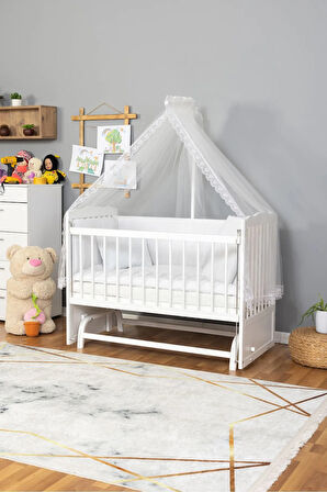 Ahşap Beşik Anne Yanı Beşik Beyaz 60x120 - Beyaz Güpür Uyku Seti Yatak