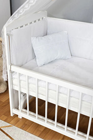 Ahşap Beşik Anne Yanı Beşik Beyaz 60x120 - Beyaz Güpür Uyku Seti Yatak