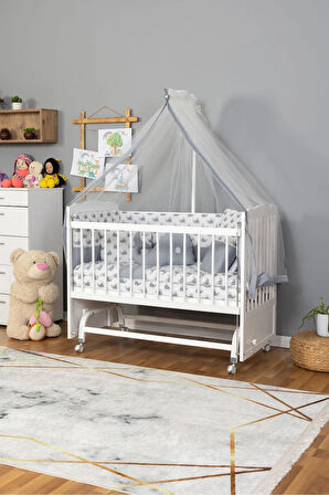 Ahşap Beşik Anne Yanı Beşik Beyaz 60x120 - Gri Balina Uyku Seti Yatak Tekerlekli