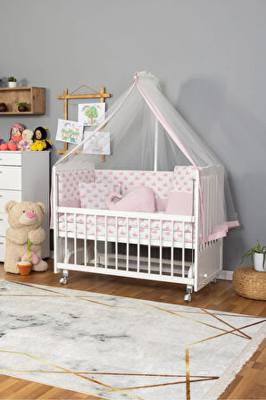 Ahşap Beşik Anne Yanı Beşik Beyaz 60x120 - Pembe Balina Uyku Seti Yatak Tekerlekli