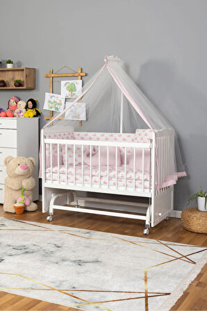 Ahşap Beşik Anne Yanı Beşik Beyaz 60x120 - Pembe Balina Uyku Seti Yatak Tekerlekli