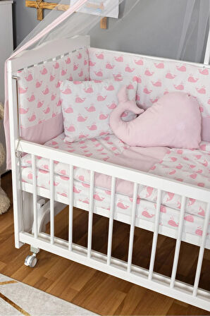 Ahşap Beşik Anne Yanı Beşik Beyaz 60x120 - Pembe Balina Uyku Seti Yatak Tekerlekli