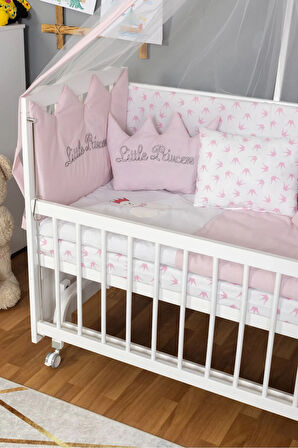 Ahşap Beşik Anne Yanı Beşik Beyaz 60x120 Pembe Prenses (KIZ) Uyku Seti Yatak Tekerlekli