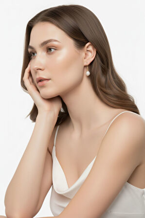 14 Ayar Altın Beyaz Barok Doğal İnci Küpe 8 mm