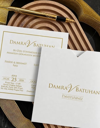 YENİ MODEL*KAMPANYALI - GOLD BASKILI NİŞAN DÜĞÜN DAVETİYESİ 50 ADET - KALIN KARTON