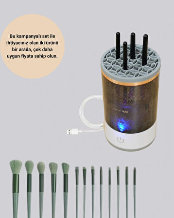 Profesyonel 13’lü Makyaj Fırçası + USB Fırça Temizleyici İkili Set