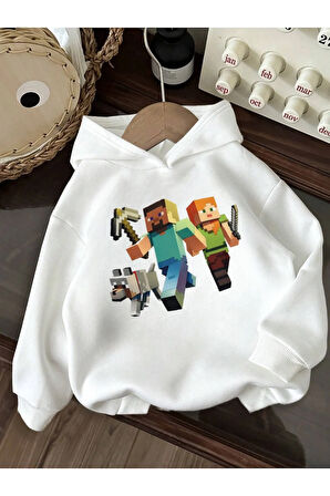 Pamuklu Minecraft Baskılı Erkek Çocuk Kapüşonlu Sweatshirt İki İplik Şardonlu