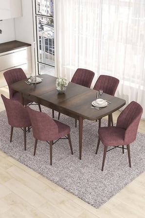 Eva Serisi 80x132 Açılabilir MDF Mutfak Masası Takımı Barok Desen Masa 6 Gül Kurusu Sandalye
