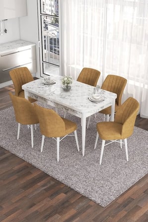 Eva Serisi 80x132 Açılabilir MDF Mutfak Masası Takımı Beyaz Mermer Desen Masa 6 Cappucino Sandalye