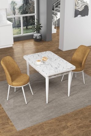 Nil Serisi 70x110 Sabit Mutfak Masası Takımı Beyaz Mermer Desen Masa 2 Cappucino Sandalye