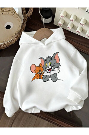 Pamuklu Erkek Çocuk Kapüşonlu Sweatshirt İki İplik Şardonsuz Tom Baskılı