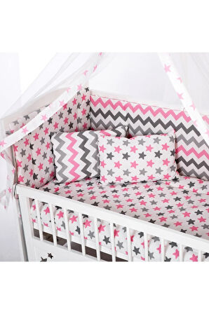 Ahşap Beşik Anne Yanı Beşik Beyaz 60x120 Pembe Yıldız Çift Yastıklı Uyku Seti Yatak