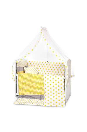 Ahşap Beşik Anne Yanı Beşik Beyaz 60x120 Sarı Yıldız Tek Yastıklı Uyku Seti Yatak