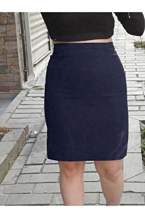 Kısa Arkadan Yırtmaçlı Astarlı Fermuarlı Düğmeli Portoriko Kumaş Kalem Etek