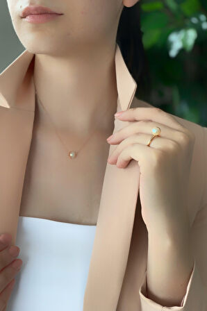 14 Ayar Altın 8 mm Tek Doğal İnci Kolye Yüzük İkili Set