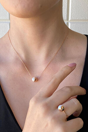 14 Ayar Altın 8 mm Tek Doğal İnci Kolye Yüzük İkili Set