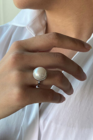 14 Ayar Altın 12 mm Zirkon Taşlı Doğal İnci Yüzük