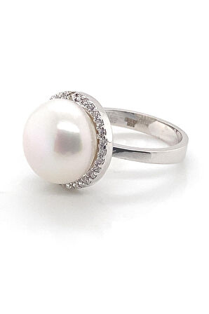 14 Ayar Altın 12 mm Zirkon Taşlı Doğal İnci Yüzük