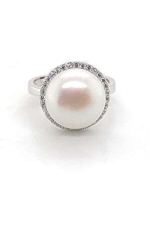 14 Ayar Altın 12 mm Zirkon Taşlı Doğal İnci Yüzük