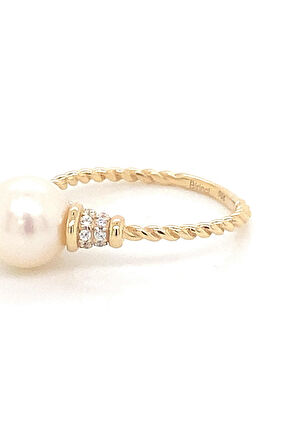 14 Ayar Altın 8 mm Burgulu Zirkon Taşlı Doğal İnci Yüzük