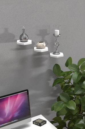 3 lü Altıgen Duvar Rafı Beyaz