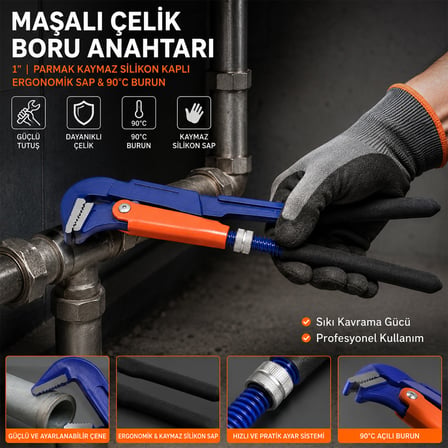 Bezos Professional 1 inç Çelik Boru Anahtarı Silikon Saplı 90 Derece Maşalı