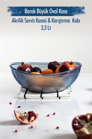 Akrilik Barok Lacivert Büyük Oval Meyve & Salata Kasesi & Karıştırma Kabı / 3,3 Lt (CAM DEĞİLDİR)