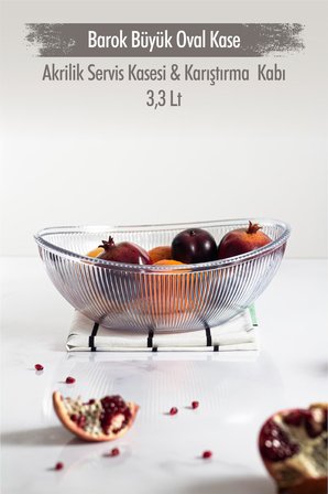 Akrilik Barok Şeffaf Büyük Oval Meyve & Salata Kasesi & Karıştırma Kabı / 3,3 Lt (CAM DEĞİLDİR)