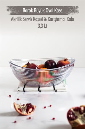 Akrilik Barok Şeffaf Büyük Oval Meyve & Salata Kasesi & Karıştırma Kabı / 3,3 Lt (CAM DEĞİLDİR)