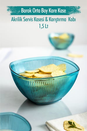 Akrilik Barok Aquamarin Orta Boy Kare Meyve & Salata Kasesi & Karıştırma Kabı / 1,5 Lt (CAM DEĞİLDİR)