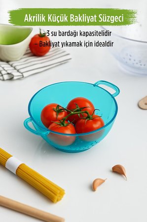 Bezos Akrilik Aquamarin Mini Süzgeç 15.5 cm 19.5 cm Bakliyat Yıkama İçin İdeal Gıda ile Temasa Uygun BPA İçermez Bulaşık Makinesinde Yıkanabilir
