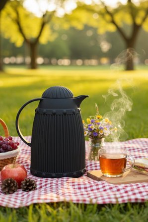 1 LT Isı Yalıtımlı Çay ve Soğuk Su Termosu Siyah (12 Saat Sıcak Tutar & İçi Camdır)