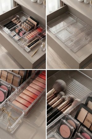 14 Parça Şeffaf Çekmece İçi Makyaj Ve Takı Organizer Seti & Büyük Boy Modüler Düzenleyici