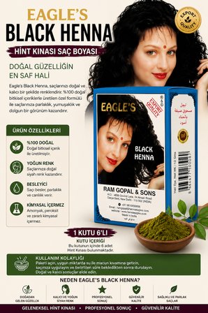 Black Henna Hint Kınası Saç Boyası Siyah Renk 6’lı Kutu Doğal Görünümlü Kalıcı Saç Boyası