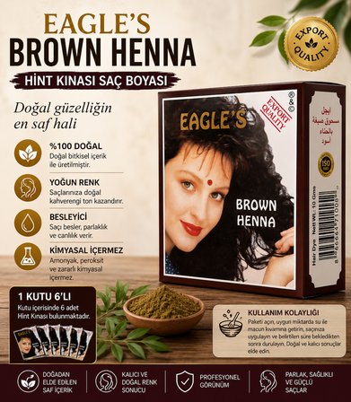 Brown Henna Hint Kınası Saç Boyası Kahverengi 6’lı Kutu Doğal Görünümlü Saç Boyası