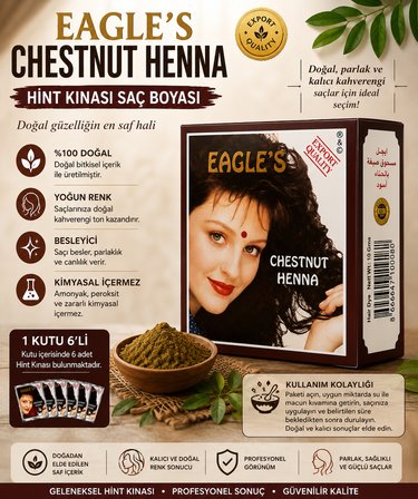 Chestnut Henna Hint Kınası Saç Boyası Kestane Renk 6’lı Kutu Doğal Görünümlü Saç Boyası