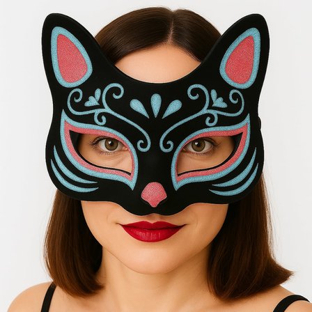 Siyah Renk Süet Kaplama Üzeri Mavi Kırmızı Simli Kedi Maskesi 17x14 cm