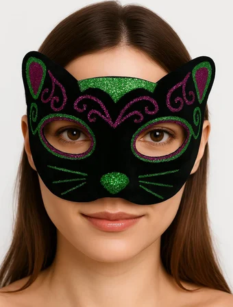 Siyah Kadife Kaplama Üzeri Pembe Yeşil Sim İşlemeli Kedi Maskesi 20x13 cm