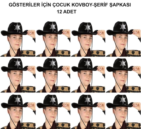 Kovboy Şerif Şapkası Siyah 12 Adet - Kostüm, Parti ve Gösteri Şapkası