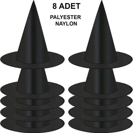 8 Adet Siyah Cadı Şapkası ? Yetişkin & Çocuk Kostüm Aksesuarı