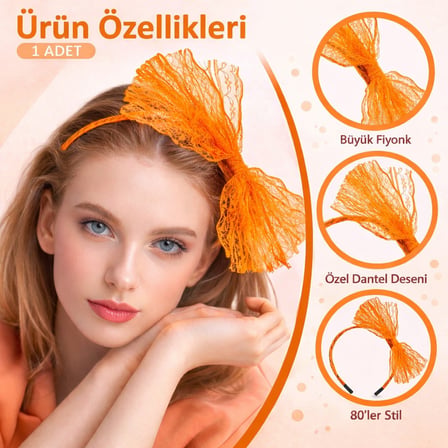80?ler 90?lar Neon Turuncu Dantel Taç Fiyonklu