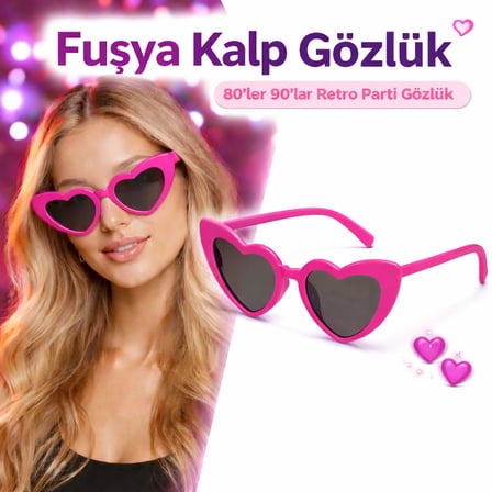 Fuşya Retro Kalp Gözlük – 80’ler 90’lar Stil Parti Gözlüğü