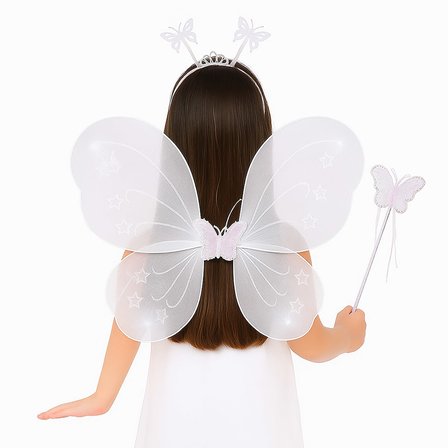 Beyaz Kelebek Kız Seti – 50 cm Kelebek Kanadı, Taç ve Asa