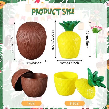 Ananas & Hindistan Cevizi Tasarımlı Pipetli Bardak Seti (6 Adet)