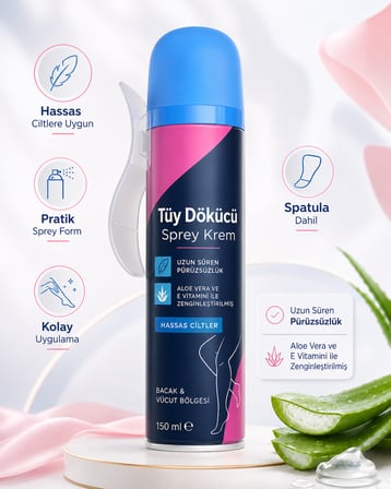 Tüy Dökücü Sprey Krem 150 ml Hassas Ciltler İçin Bacak ve Vücut Bölgesi Pratik Kullanım