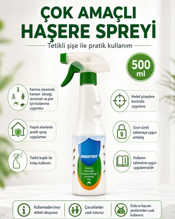 Çok Amaçlı Haşere Spreyi 500 ml Tetikli Şişe Karınca Karasinek Sivrisinek Hamam Böceği ve Pire İçin