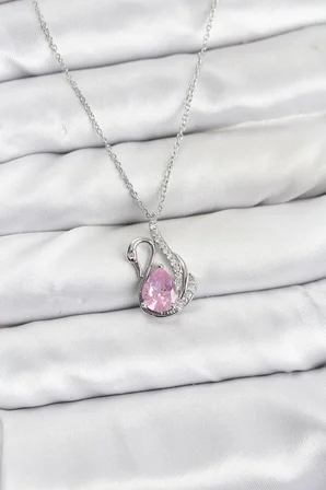 316L Çelik Zincir Gümüş Renk Pembe Kuğu Model Zirkon Taşlı Kadın Kolye